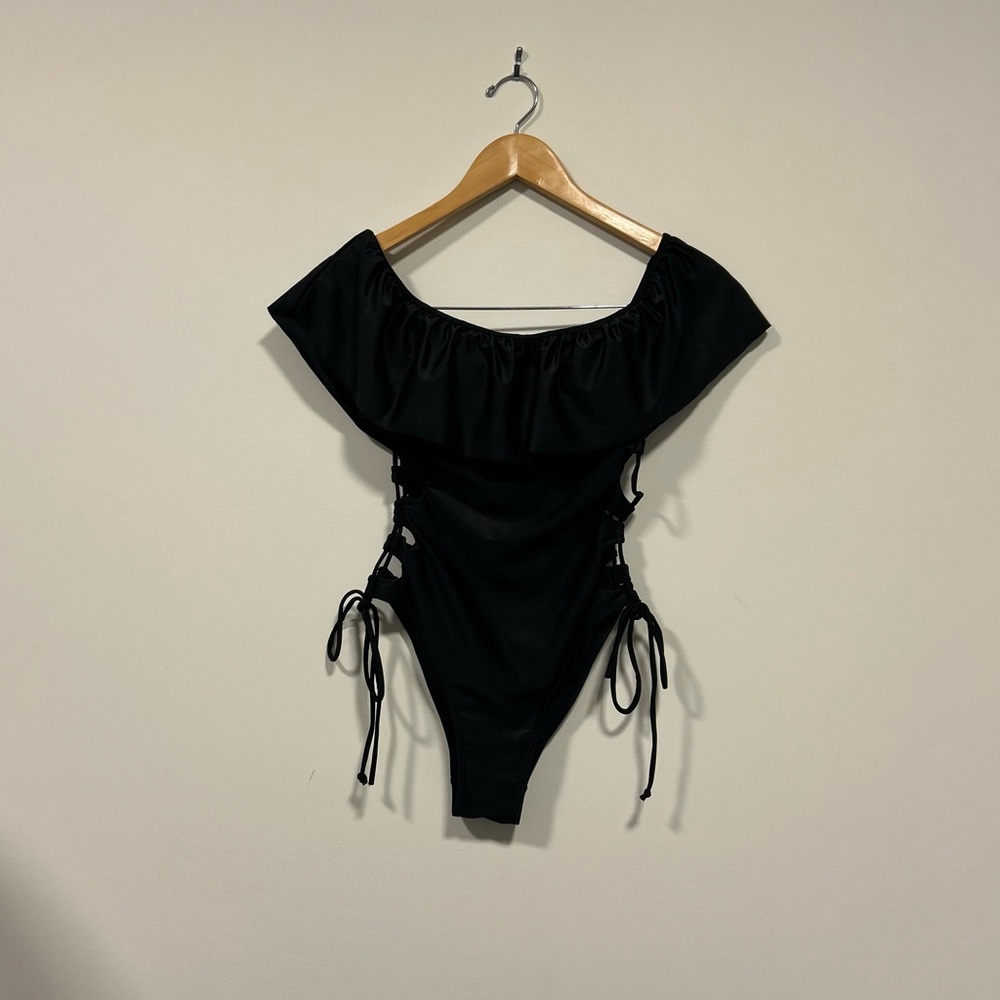 Black Off-Shoulder Swimsuit with Lace-Up Sides